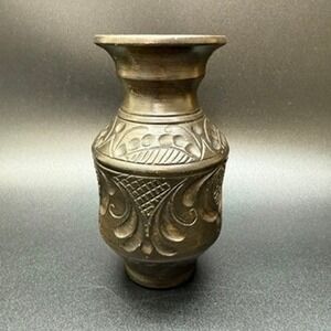 Vintage Hand Carved Ceramic Vase Dark Brown Art Pottery Decorative Floral Swirls